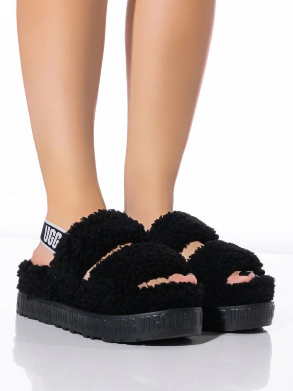 UGG~OH FLUFFITA~PLATFORM SANDALS Curly Sheepskin BLACK Size 10 NEAR NEW